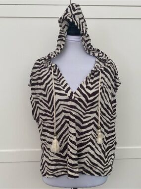 Sigrid Olsen 100% Linen Zebra Brown /Black Cream Hooded Short Sleeve Top Large